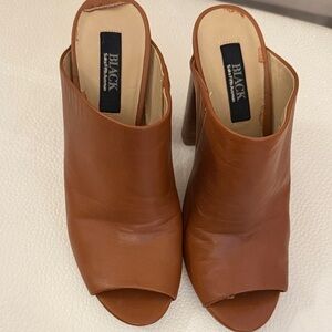 Black Suede Studio Tan Peep Toe Mules